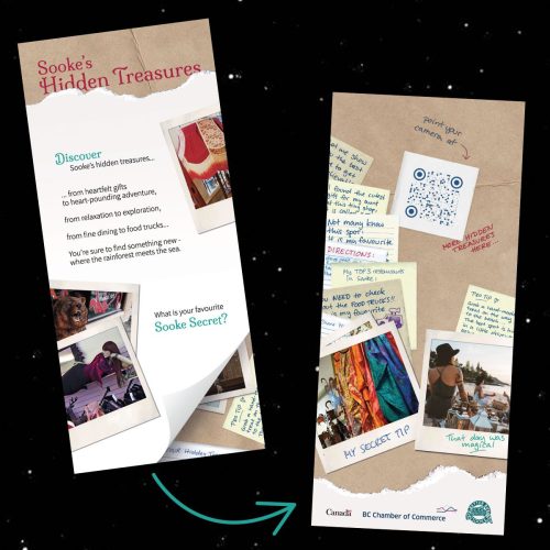 The front and back of the promotional rack card for “Sooke’s Hidden Treasures”, featuring photos, handwritten notes, a QR code, and a collage of local experiences.
