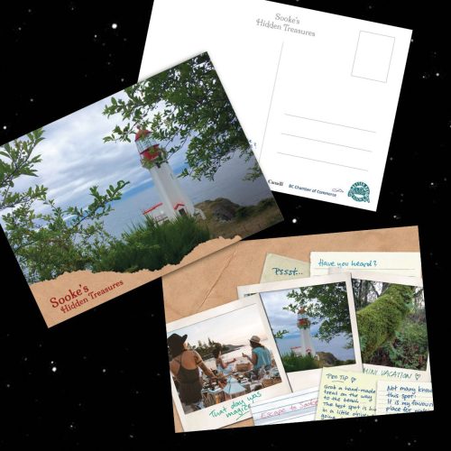 A collage with different postcard designs, featuring Sooke's nature sights and Sheringham lighthouse.