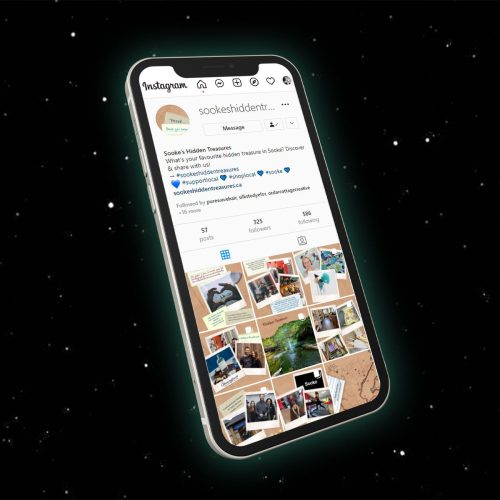 A smartphone displaying the Instagram profile of "Sooke’s Hidden Treasures". The profile shows a grid of photos and collages highlighting local businesses.