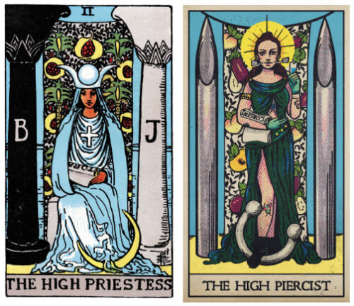 Two side-by-side tarot cards: The left features the original "High Priestess" card, and the right is titled "The High Piercist."