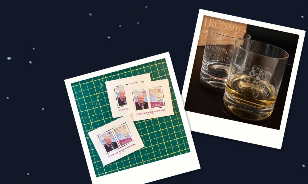 Two polaroid-style photos: one shows four postage stamps featuring a person’s portrait on a green grid background; the other shows two decorated whisky glasses, one filled with amber liquid, set on a black surface.