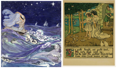 Side-by-side illustrations: Left, a person clings to a rock amid stormy, swirling waves under a starry sky with ships in the distance. Right, medieval-style art shows two women walking among birds and flowers while a man watches.