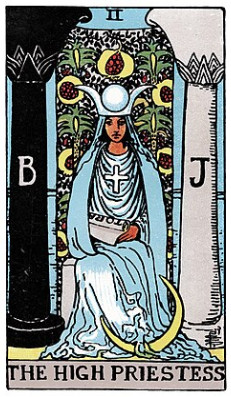 A tarot card titled "The High Priestess" shows a woman in blue robes seated between a black pillar marked "B" and a white pillar marked "J", holding a scroll, with a crescent moon at her feet and pomegranates in the background.