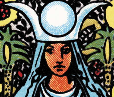 Close-up of the High Priestess tarot card, showing artifacts of halftone printing.
