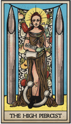 A tarot card titled "The High Piercist" shows a woman with piercings, holding a needle and a folder labeled "History." She stands between two large needles with fruit and leaves in the background.