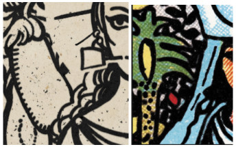 A split image shows two stylized illustrations of faces: the left side is black and white with bold lines, while the right side is colorful with intricate patterns and dots.