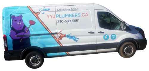 A white and blue plumbing van featuring a cartoon bear holding a plunger and graphics of pipes with a spout splashing water. The text reads "Ackinclose & Son, yyjplumbers.ca", the phone number, and social media icons.