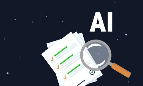 Cartoon illustration showing official-looking papers and the letters AI with a magnifying glass, in front of a space background.