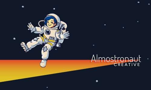 A smiling cartoon astronaut floats in space with stars in the background. An orange beam stretches beneath, and the text "Almostronaut Creative" appears on the right.