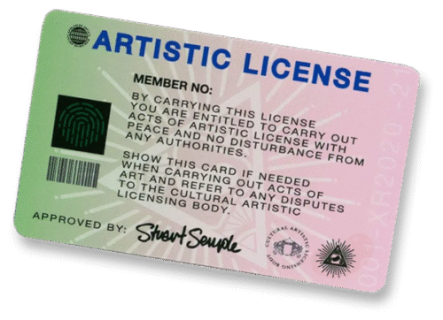 A card labeled "Artistic License" jokingly granting creative license for imaginative acts. 