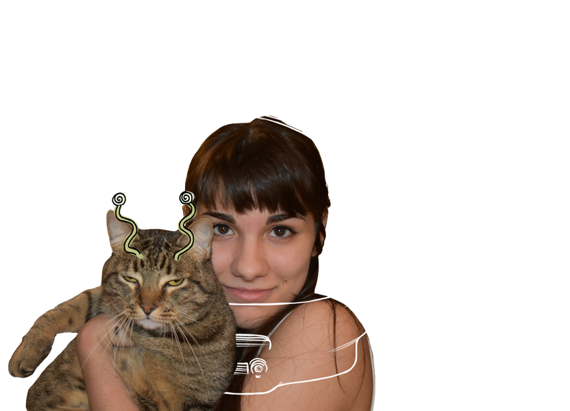 Almostronaut Devyn holding her cat Gungis and smiling into the camera, her head surrounded by a drawn astronaut helmet, with white thought bubbles above her on a dark background.