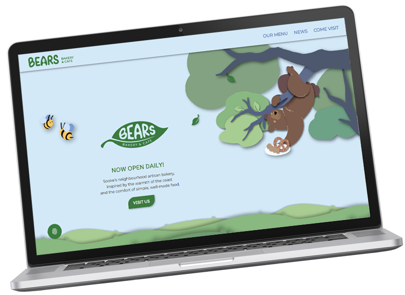 A laptop displays the homepage of "Bears Bakery & Cafe," featuring a sky-blue background and an illustration of a bear hanging from a tree, holding a plate with a pretzel and a pastry.