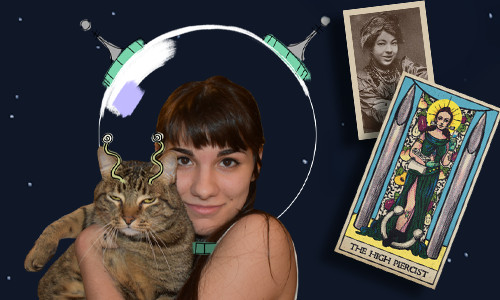 Almostronaut Devyn is wearing a space helmet and hugs a cat with drawn-on antennae. In the background are a vintage photo of a woman and a tarot card labeled "The High Piercist".