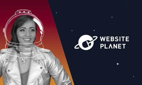 Almostronaut Marleen in a silver jacket is overlaid with a white sketched astronaut helmet. Next to her, the Website Planet logo shines with its ringed planet icon on a dark starry background.