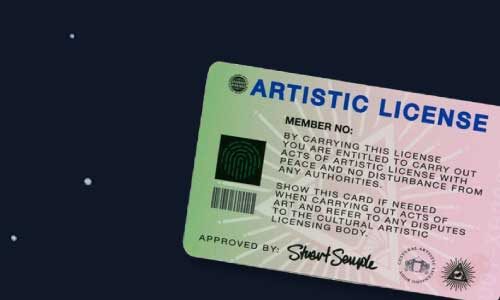 A card labeled "Artistic License" jokingly granting creative license for imaginative acts.