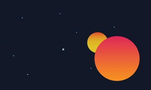 Two large, orange and yellow gradient circles resembling planets are set against a dark background with small white dots representing distant stars.