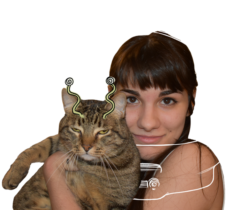 Photo of Devyn, holding her cat and smiling into the camera, her head surrounded by a drawn astronaut helmet.