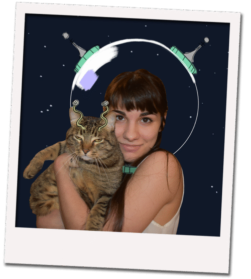 Almostronaut Devyn holding her cat Gungis and smiling into the camera, her head surrounded by a drawn astronaut helmet, with white thought bubbles above her on a dark background.