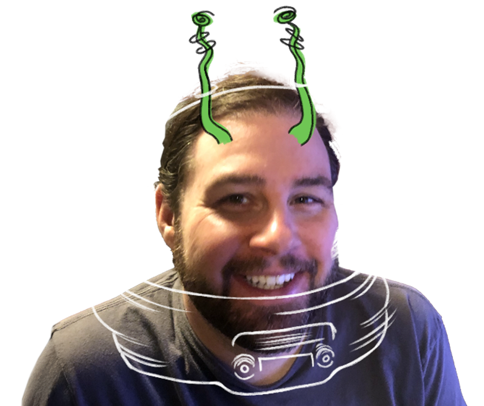 Photo of Jeff, a man with dark blond hair and a beard, is overlaid with a drawn astronaut helmet and green alien antennae.
