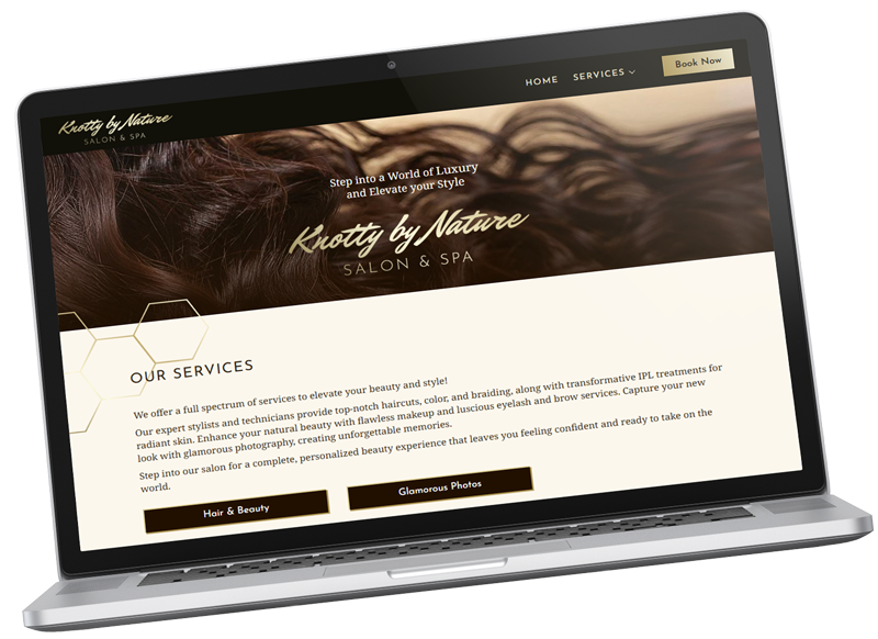 A laptop displays the homepage of "Knotty by Nature Salon & Spa," featuring a background of brown hair, service descriptions, and buttons for "Hair & Beauty" and "Glamorous Photos".
