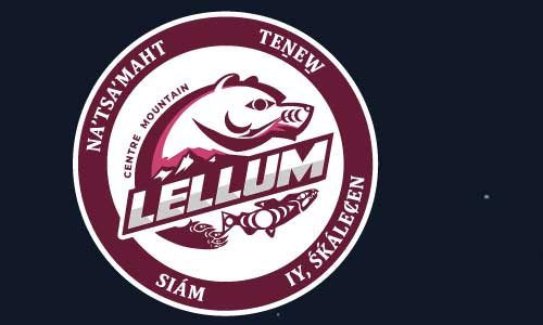 Centre Mountain Lellum logo featuring a bear and fish with mountain graphics. Circular design with maroon and white colors. Around the edge, the school's value principles are listed.
