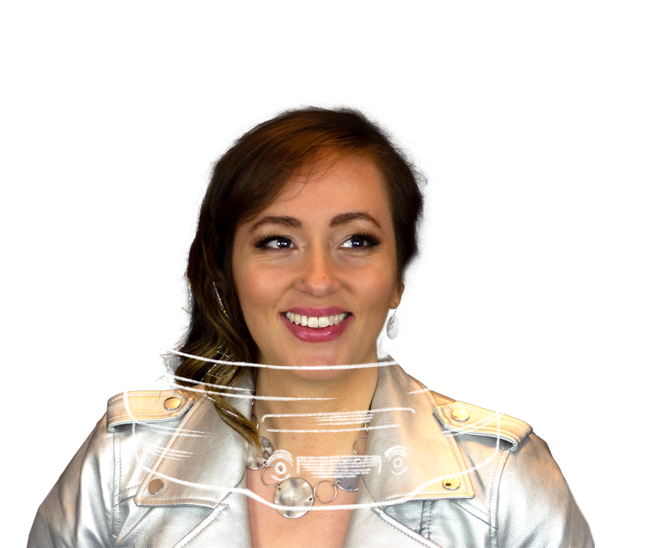 Photo of Marleen. a woman with brown hair looking to the top right, overlaid with the drawn outlines of a space helmet.