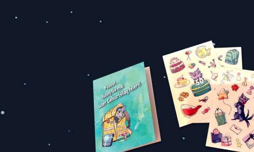 A birthday card and sticker sheets featuring custom illustrations for McNeill's birthday.