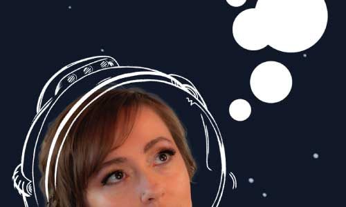 Almostronaut Marleen looking up thoughtfully, her head surrounded by a drawn astronaut helmet, with white thought bubbles above her on a dark background.