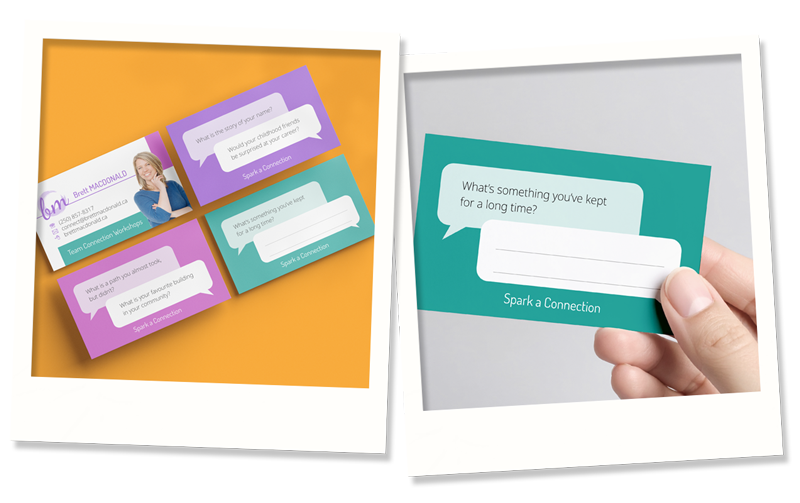 Two polaroid-style images: the left shows four colorful cards with conversation prompts, and the right shows a hand holding a teal card that also features a conversation starter and a blank speech bubble below it.