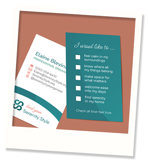A business card for Serenity Style - the back featuring checkboxes listing intentions like "feel calm in my surroundings".