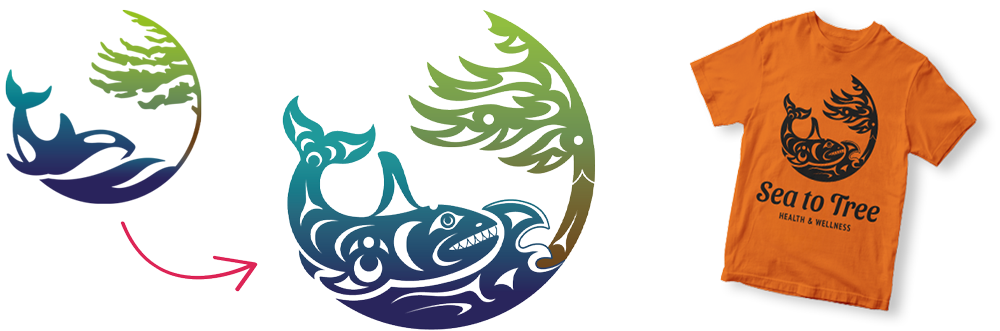 Sea to Tree's whale logo in its original and indigenized version. Displayed is also an orange shirt with the indigenized logo.