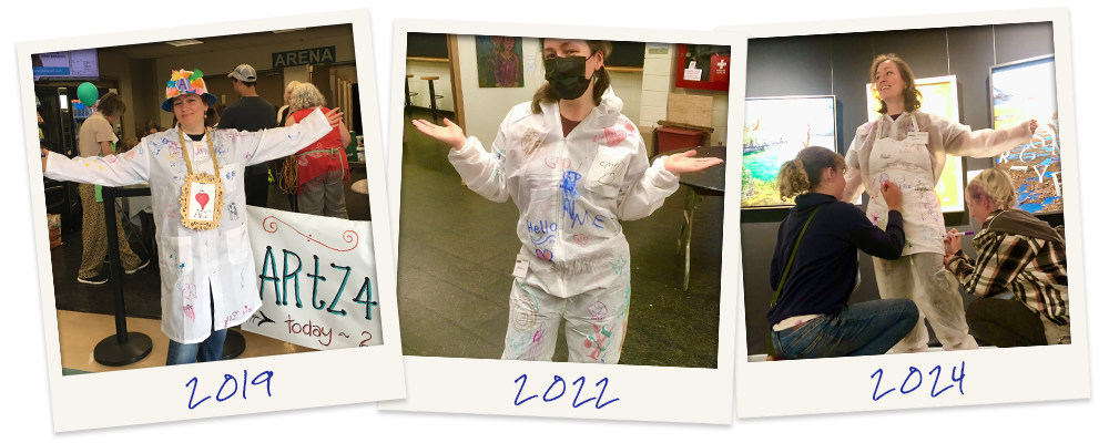 Three photos show Marleen at the Sooke Fine Arts Show in 2019, 2022, and 2024. Each photo shows her wearing white clothes, covered in colorful drawings and signatures.