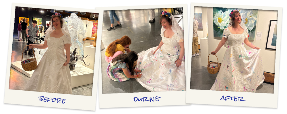Three photos show Marleen at the Sooke Fine Arts Show in 2025, showing her wedding dress before, during and after being decorated with colorful drawings.