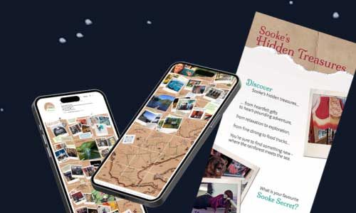 Two smartphones display a digital map with photos and pins, while a rack card titled "Sooke’s Hidden Treasures" shows images and text about local attractions.