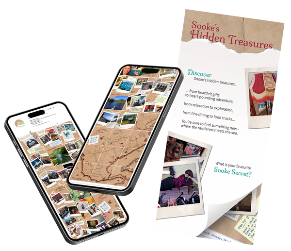 Two smartphones display a mosaic puzzle of a treasure map and a photo collage. Beside them is a brochure titled "Sooke’s Hidden Treasures" with photos of gifts, food, and nature, inviting readers to discover local attractions and secrets in Sooke.