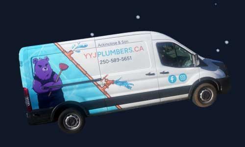 A white and blue plumbing van with a cartoon bear holding a wrench, water spraying from pipes, and contact info.